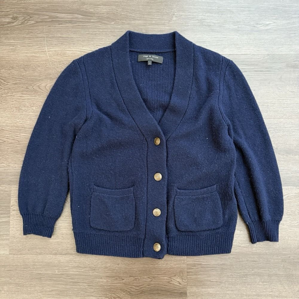 Rag & Bone Navy Blue 100% Wool Knit Cardigan Sweater Size Medium Women's